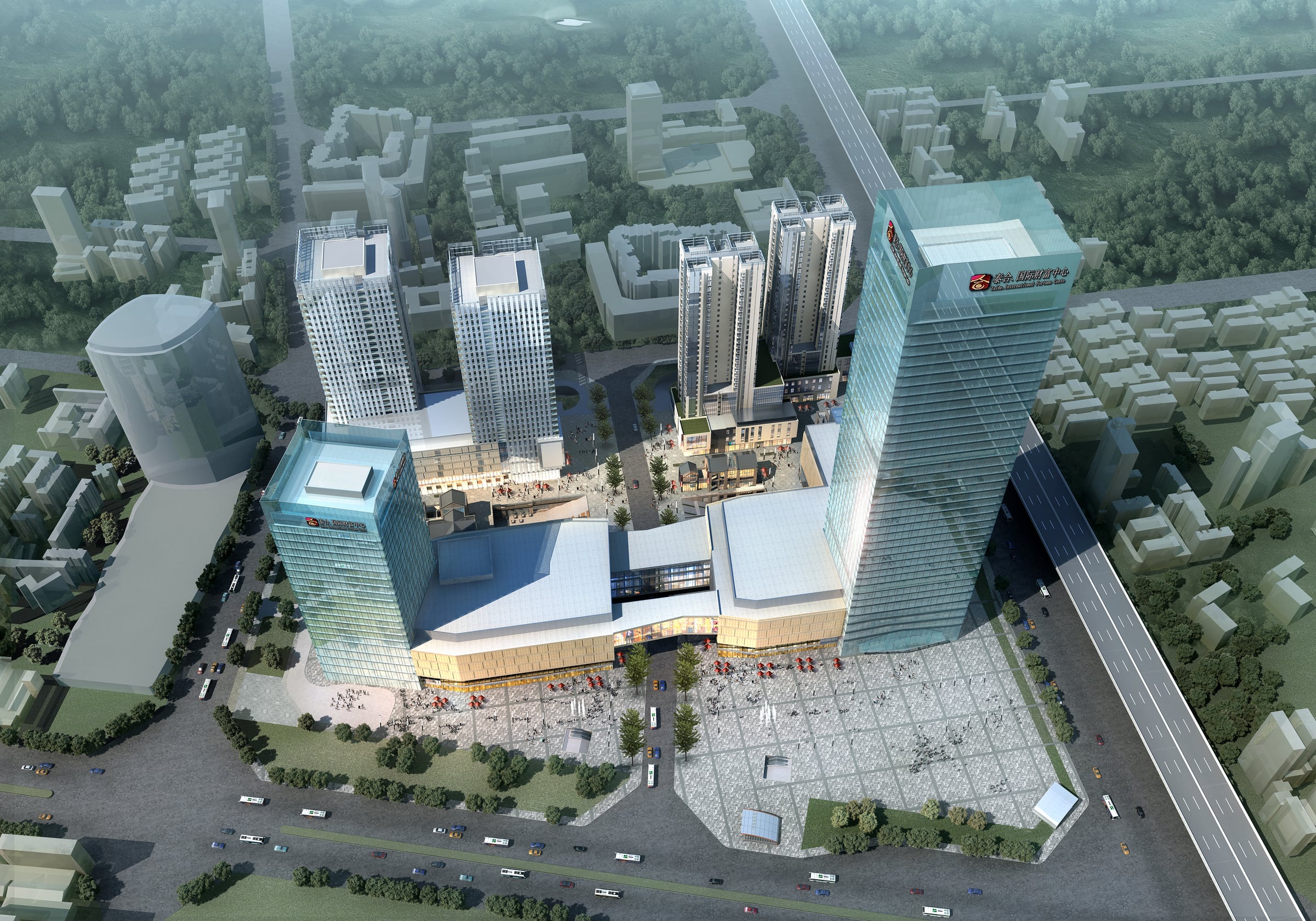 Aerial rendering of Chengdu Wenhua Plaza and its surrounding urban fabric