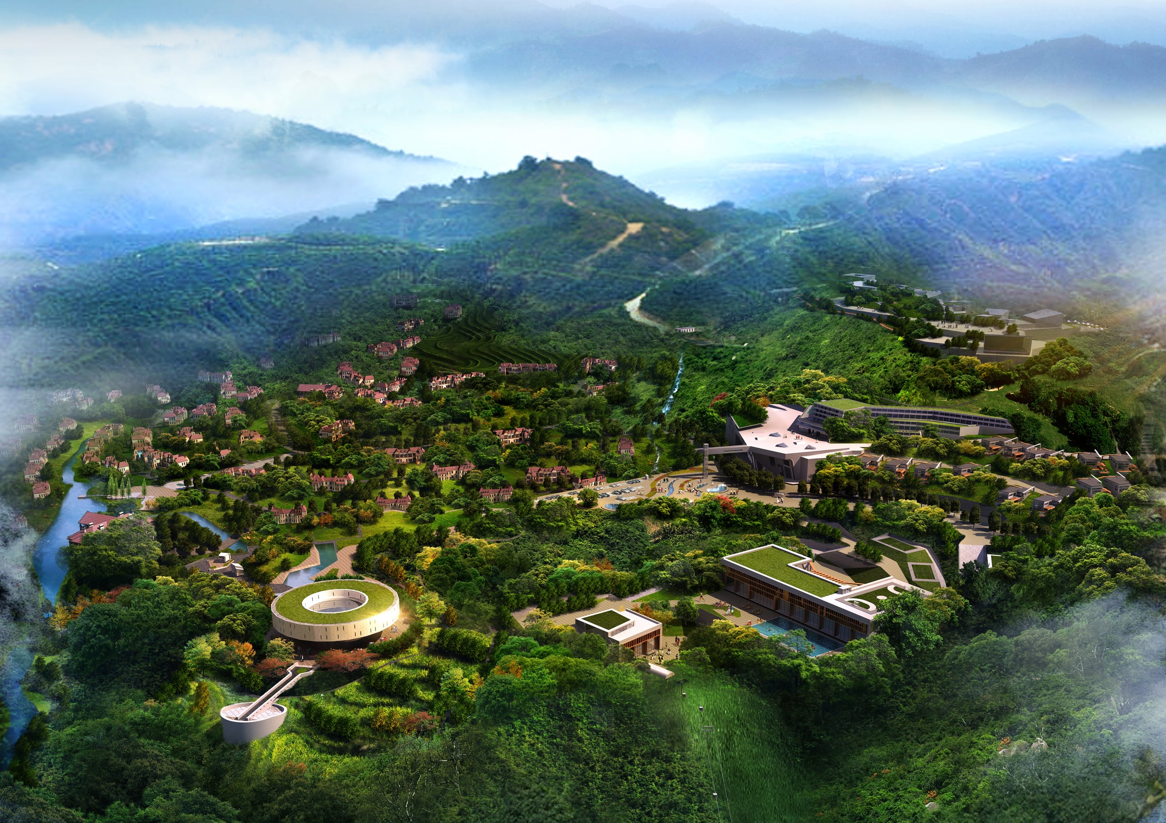 Aerial rendering of an ecological resort in Yongding