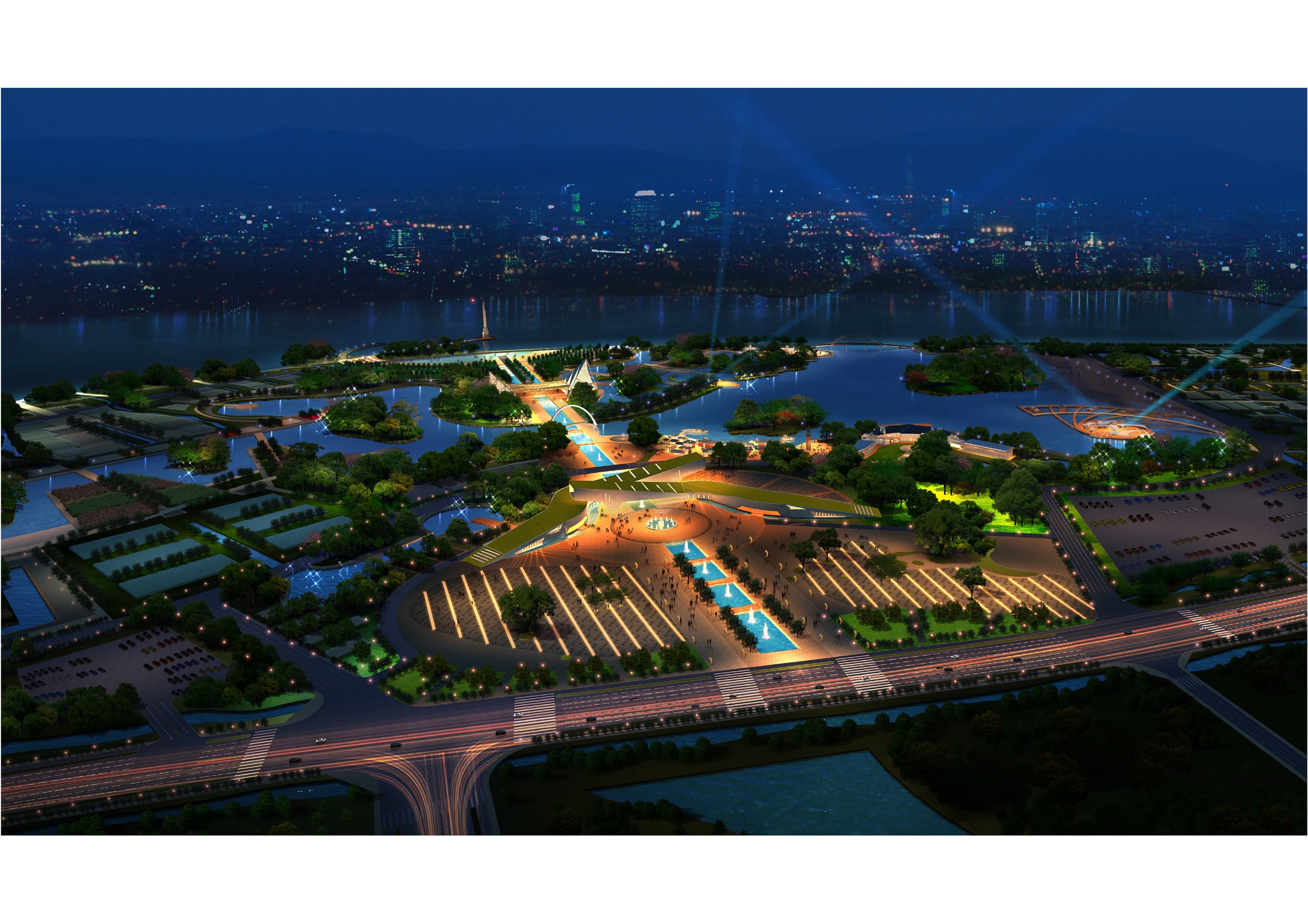 Night aerial rendering of the 2015 International Garden Expo proposal