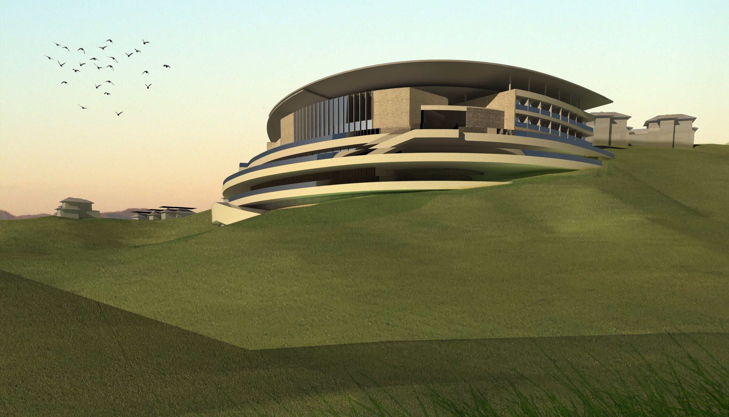 Curved hilltop façade of the Chongqing hotel and clubhouse