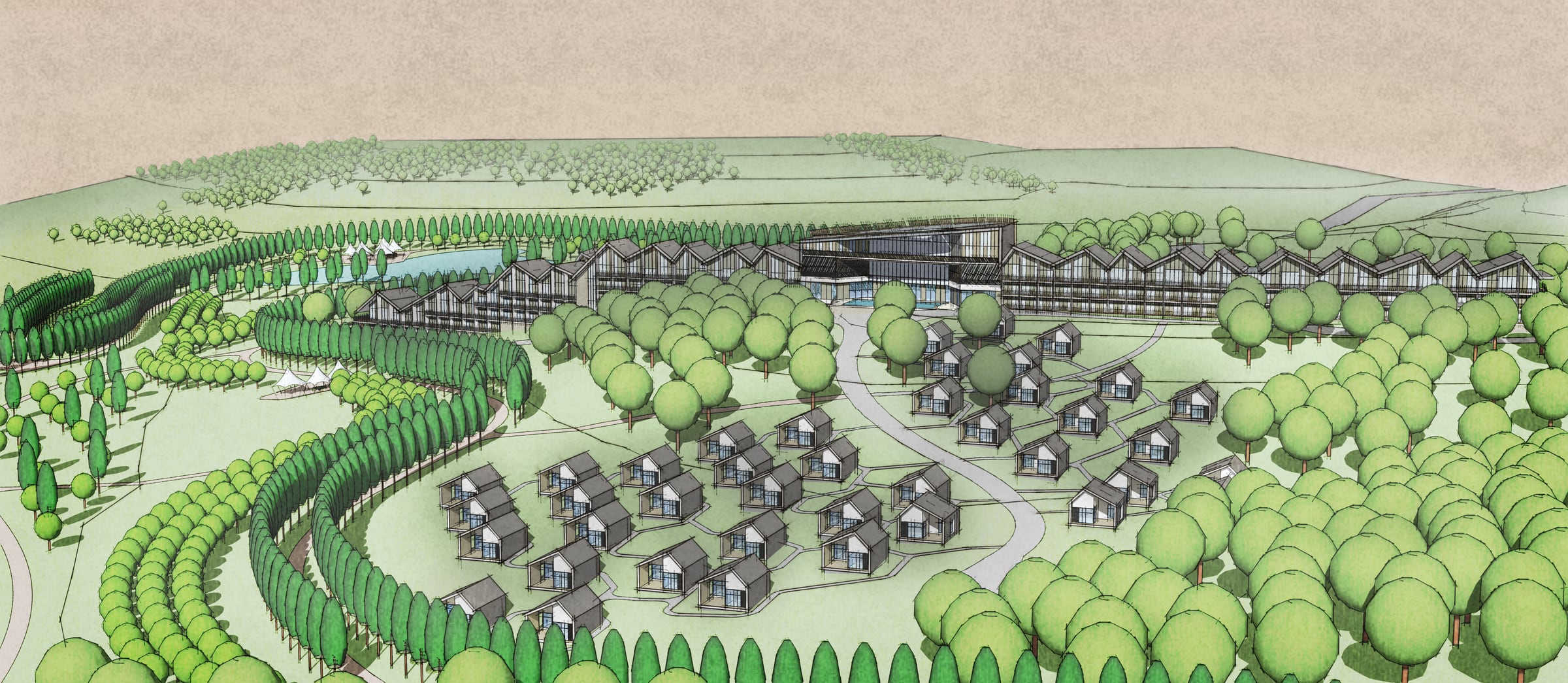 Aerial visualisation across the villa landscape toward the hotel