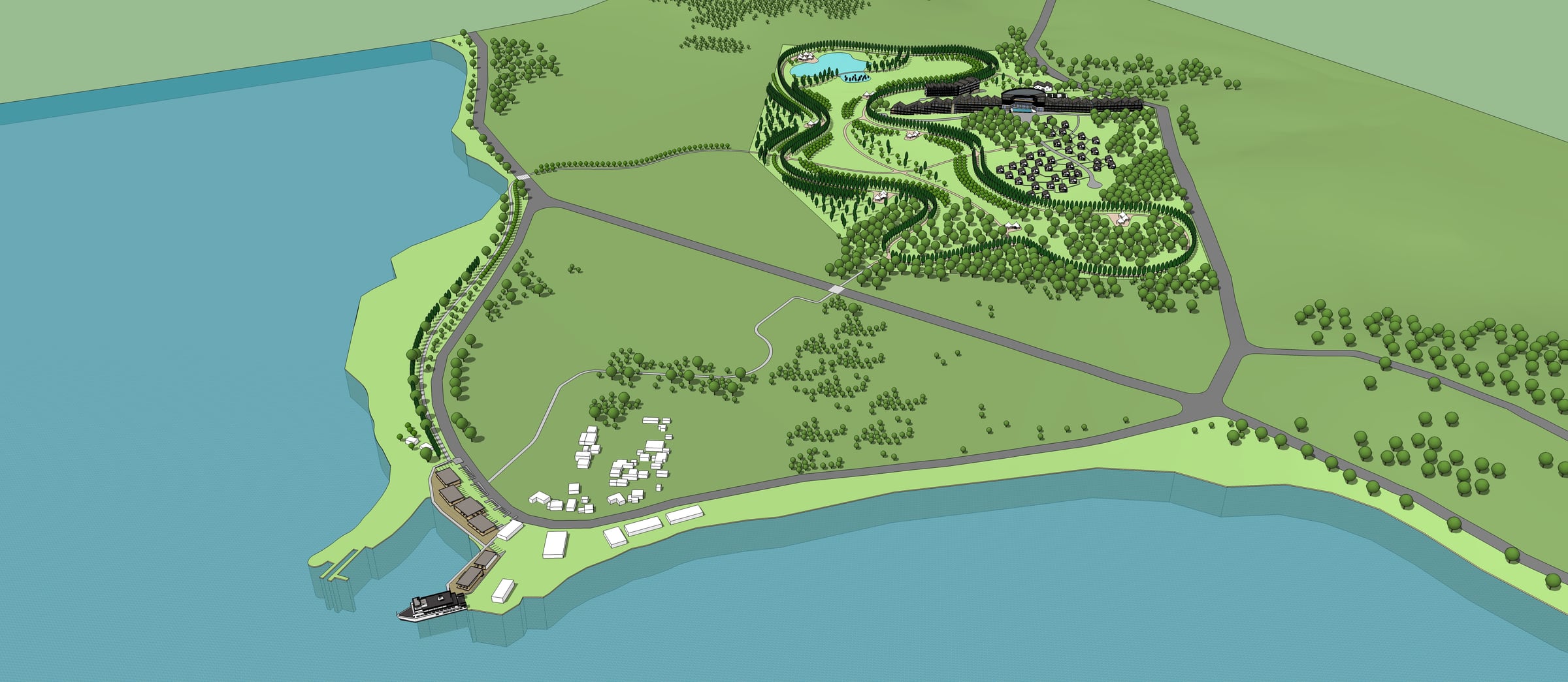 Aerial masterplan of the hotel, villas and coastal landscape