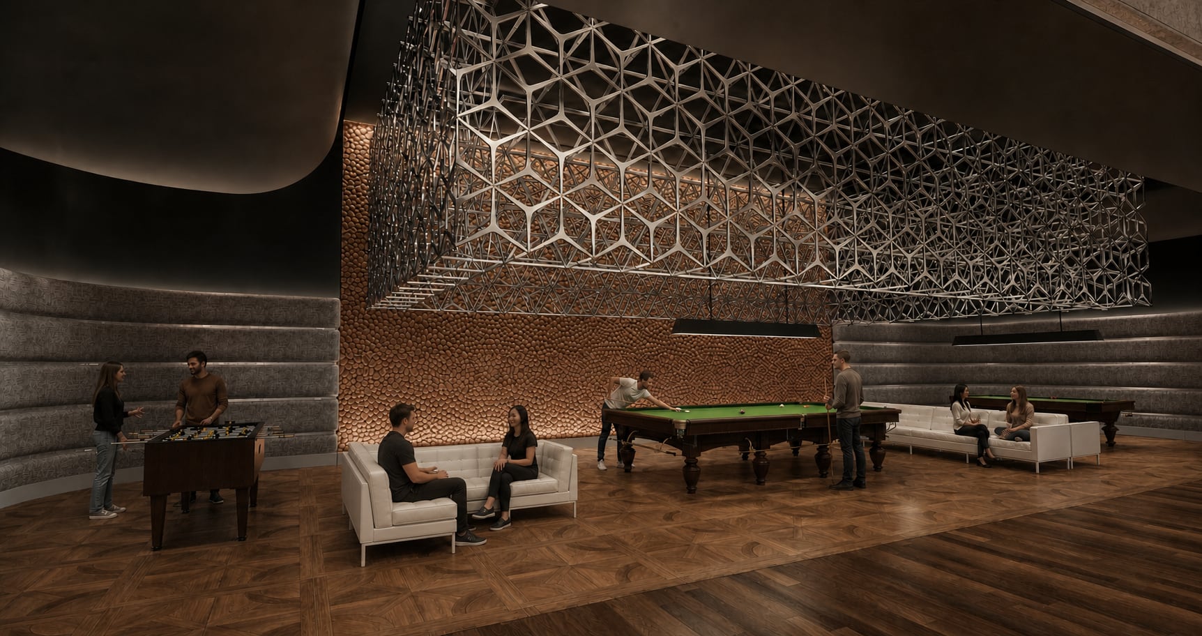 Photorealistic view of the ballroom billiards lounge beneath layered geometric metal screens
