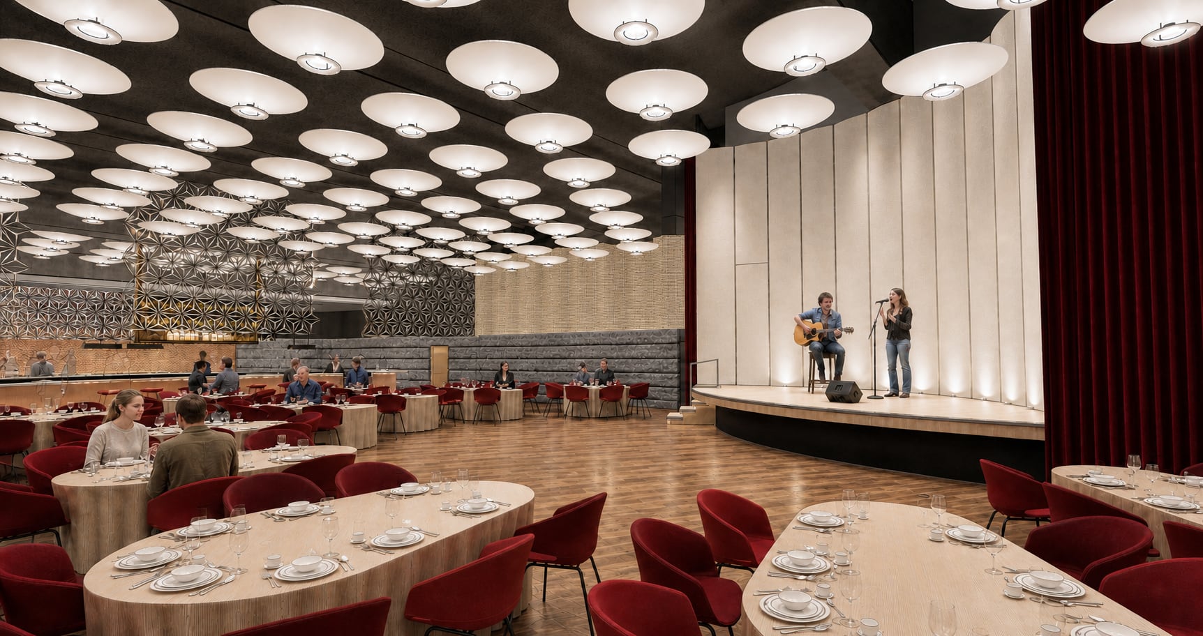 Wide photorealistic view across the ballroom toward an informal acoustic performance, showing the feature lamps, bar screens and tiered seating