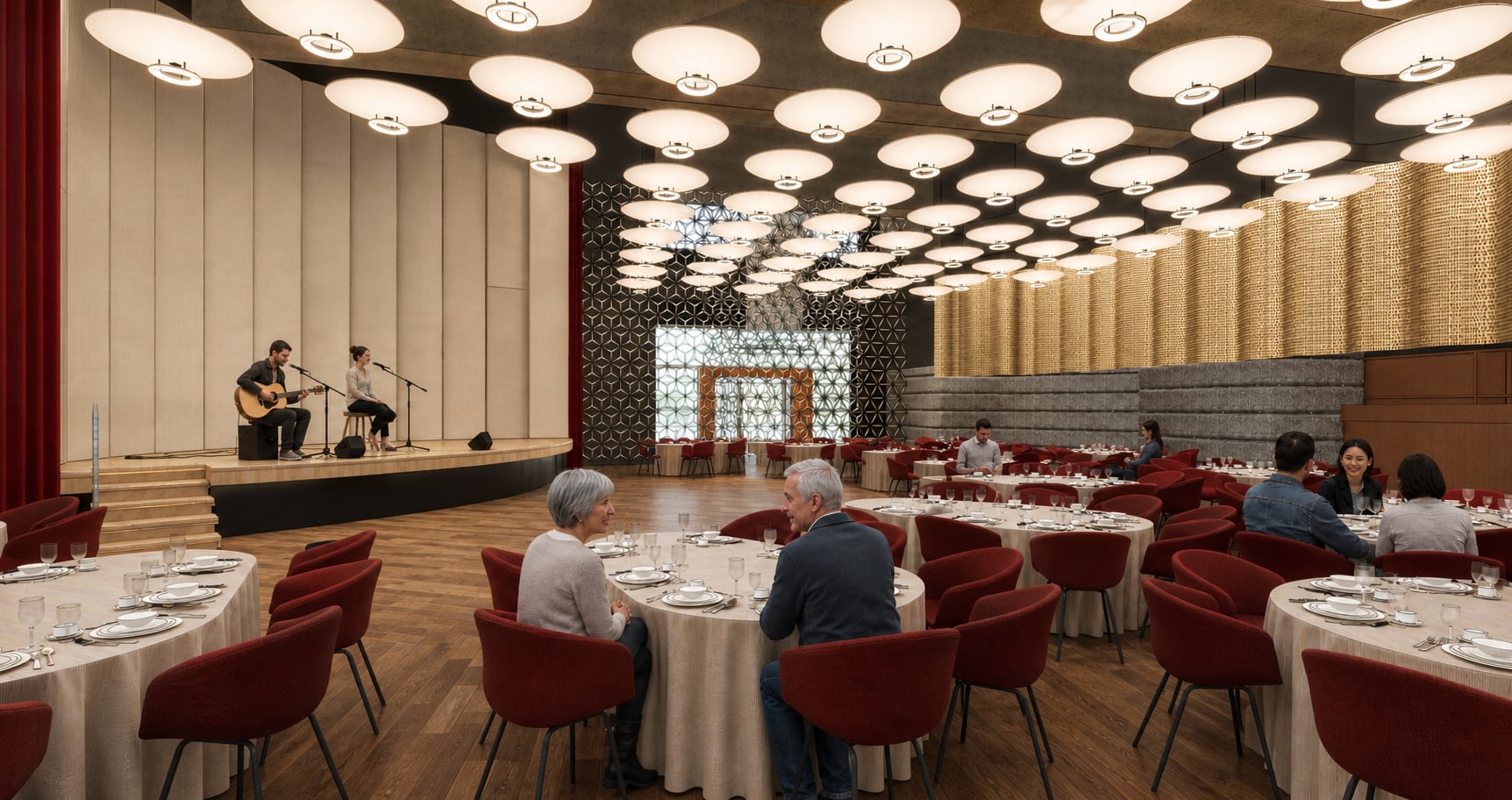 Photorealistic view of a relaxed gathering in the Shaw Movie City Phase 2 ballroom with an acoustic performance and circular feature lamps