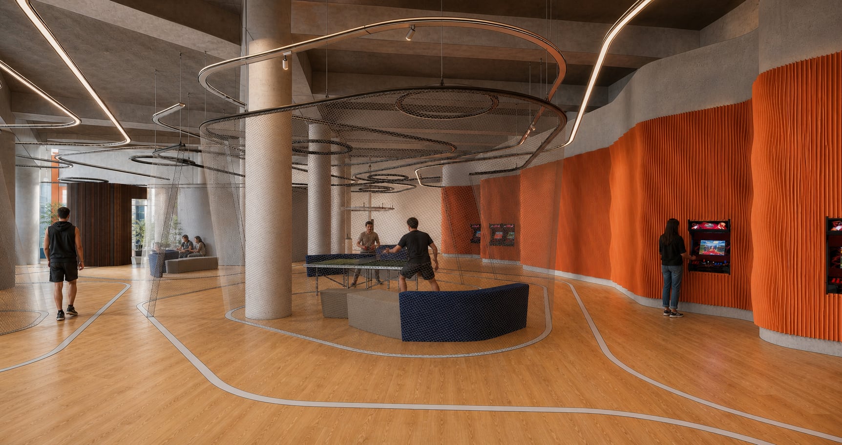Photorealistic view of people playing table tennis and arcade games beneath the looping ceiling tracks of the Shaw Movie City Phase 2 entertainment hall