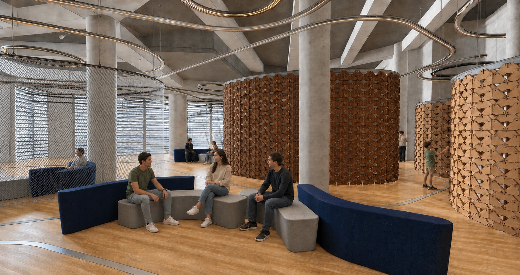 Photorealistic view of the entertainment hall lounge with curved seating, timber screens and looping overhead tracks