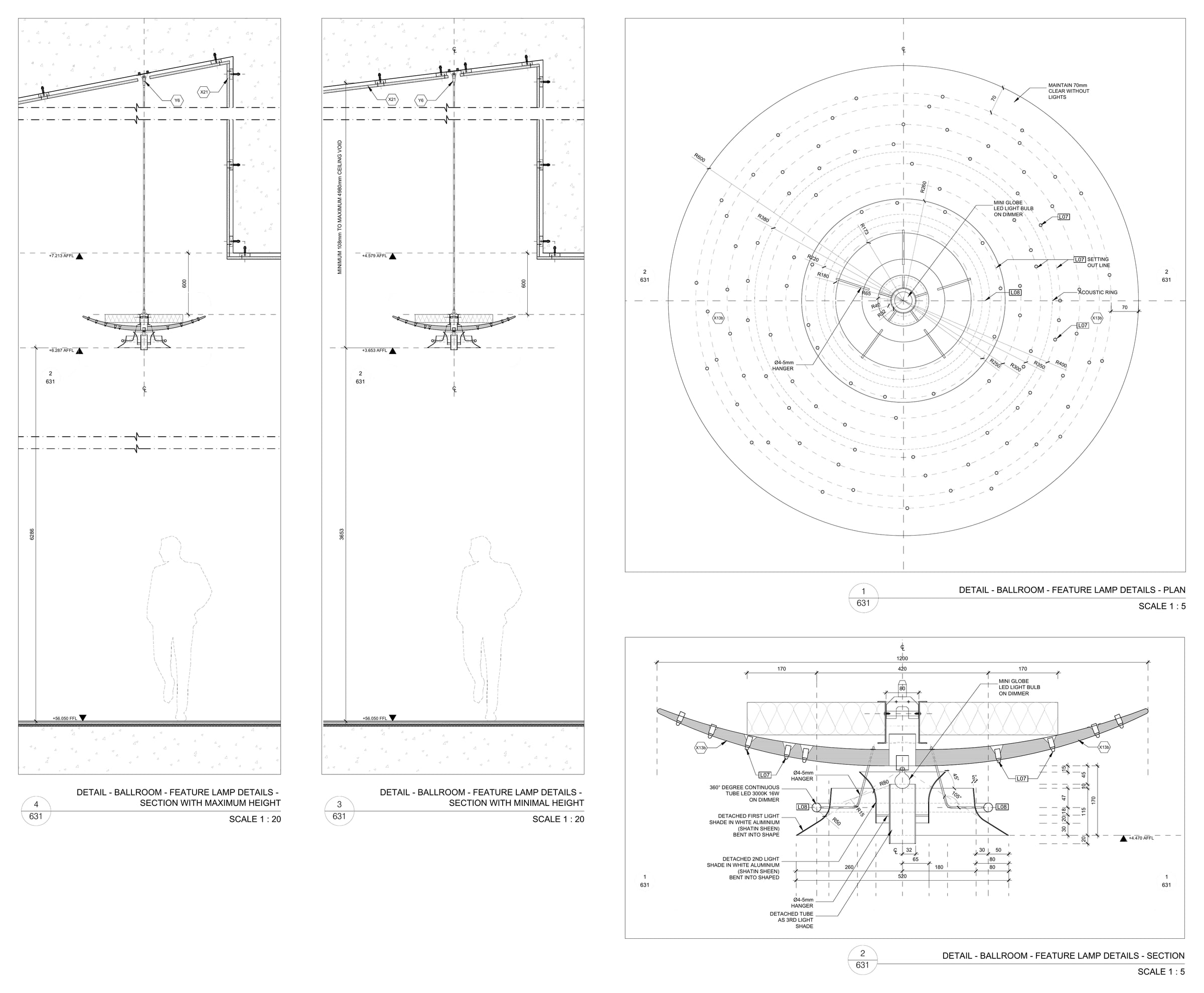 Plan and construction sections for the custom circular ballroom feature lamp