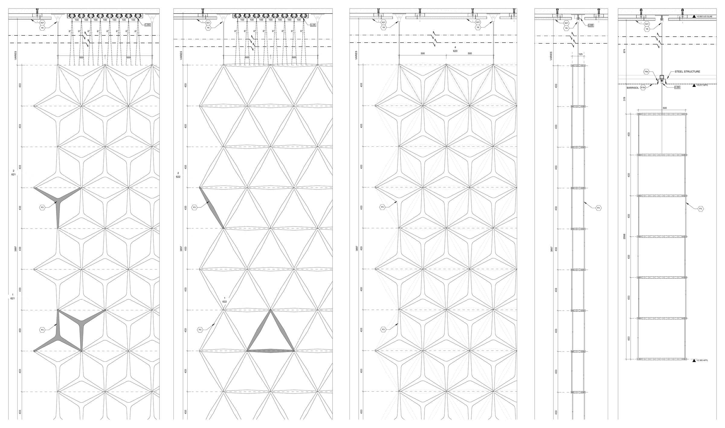 Elevations and construction details for the custom folded metal screen at Shaw Movie City Phase 2