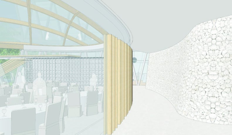 Interior design study showing the chapel's curved stone wall and timber screen