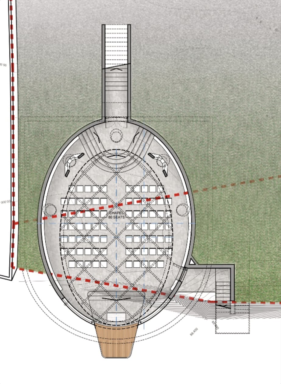 Plan of the oval cliff-side chapel at Latitude+ Wedding Facility