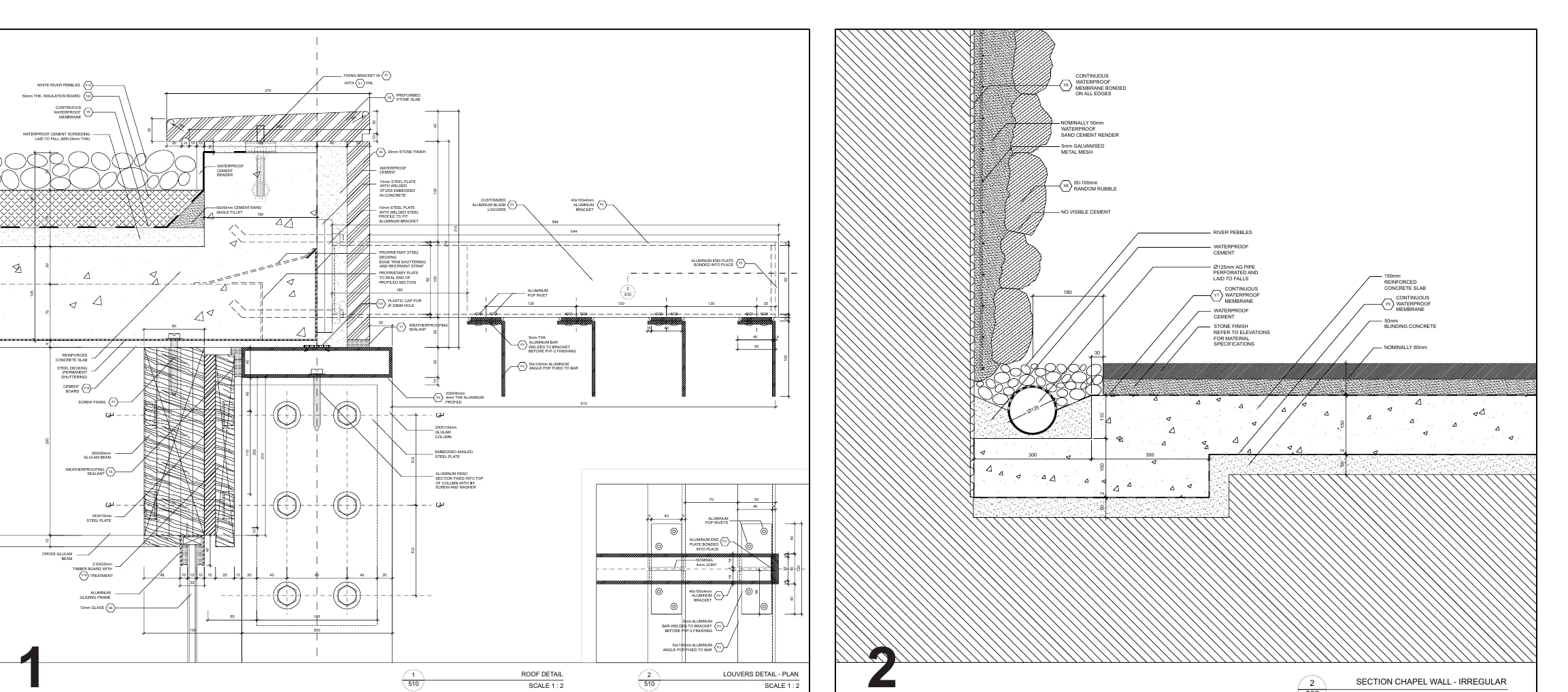 Construction details for the Latitude+ roof, aluminium louvers and curved rubble wall