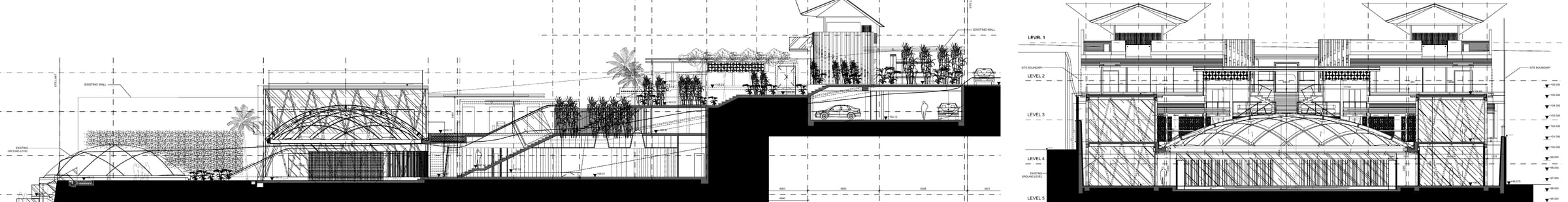 Longitudinal and transverse sections through the Latitude+ venue and ballroom