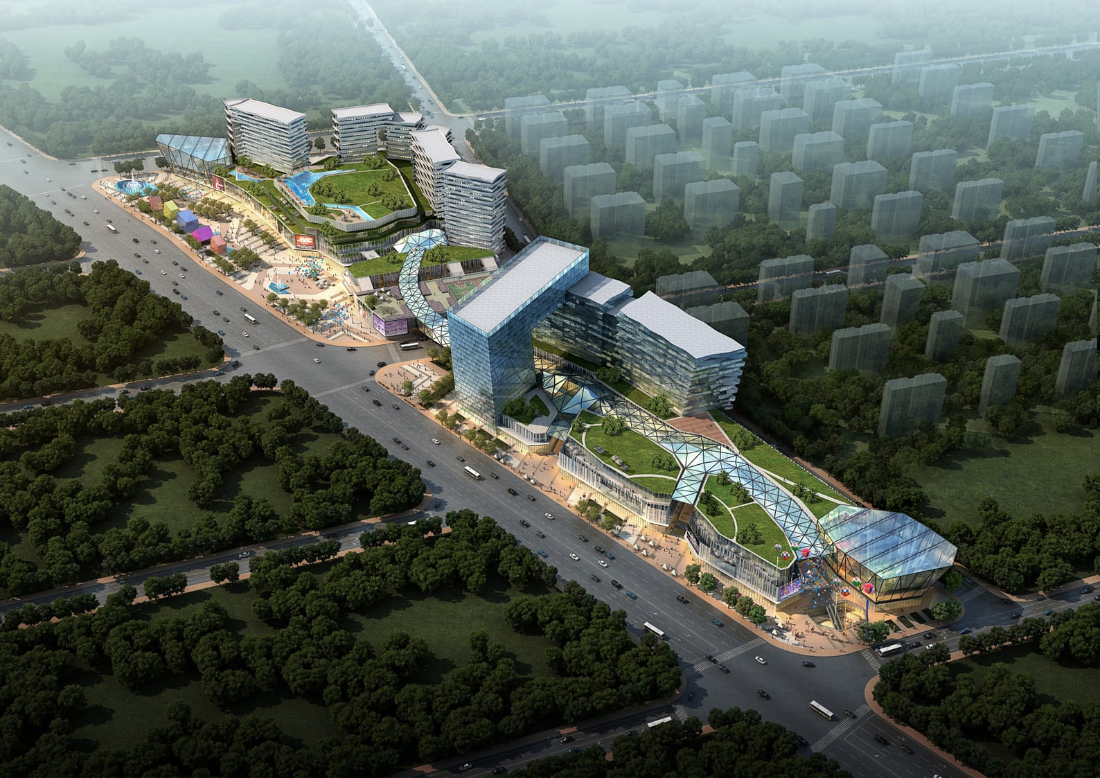 Aerial rendering of the Liuhang mixed-use development