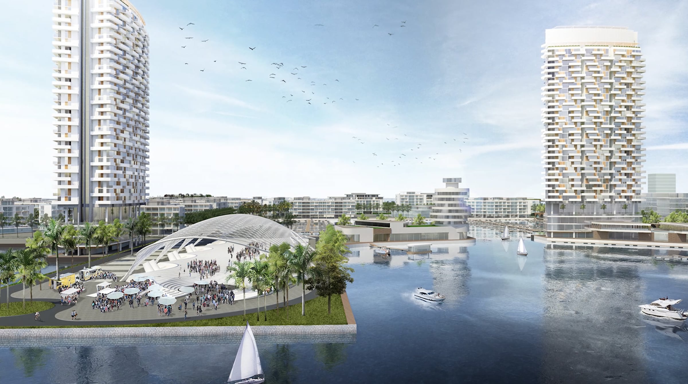 Visualisation of the public marina and waterfront buildings at Mashagou