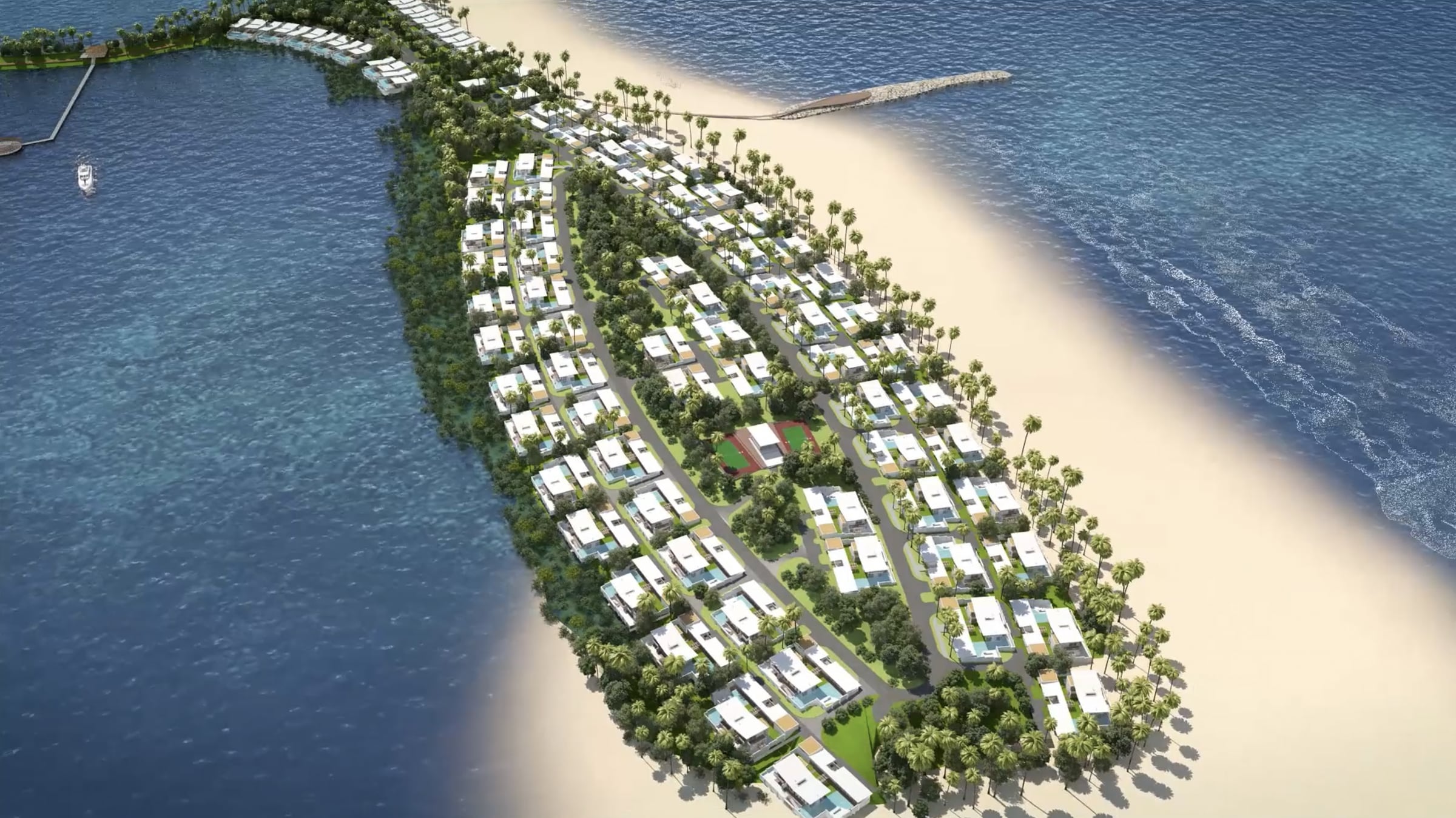 Aerial visualisation of the coastal villa district at Mashagou