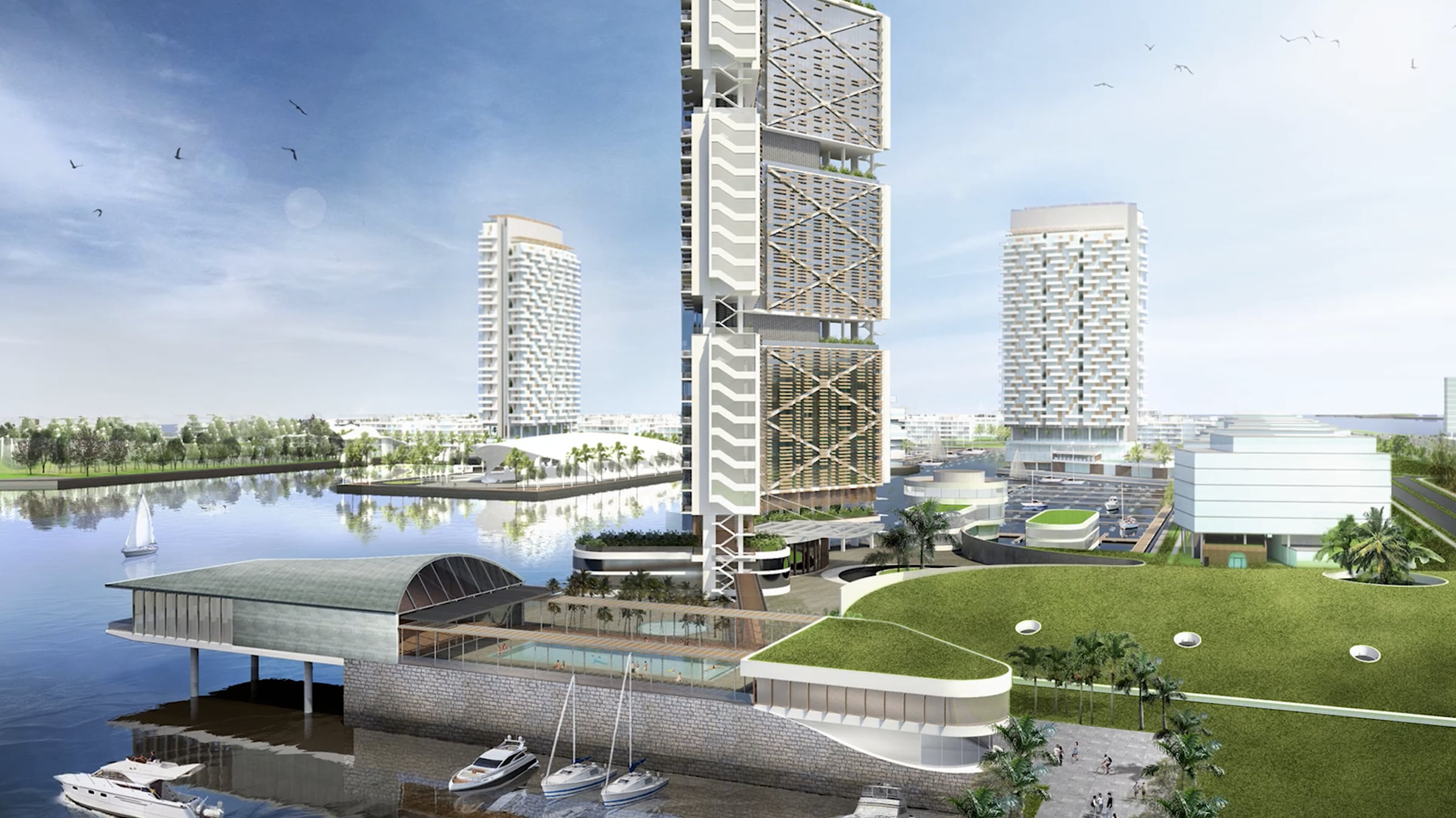 Visualisation of the Mashagou waterfront district with towers, marina and landscaped public roofs