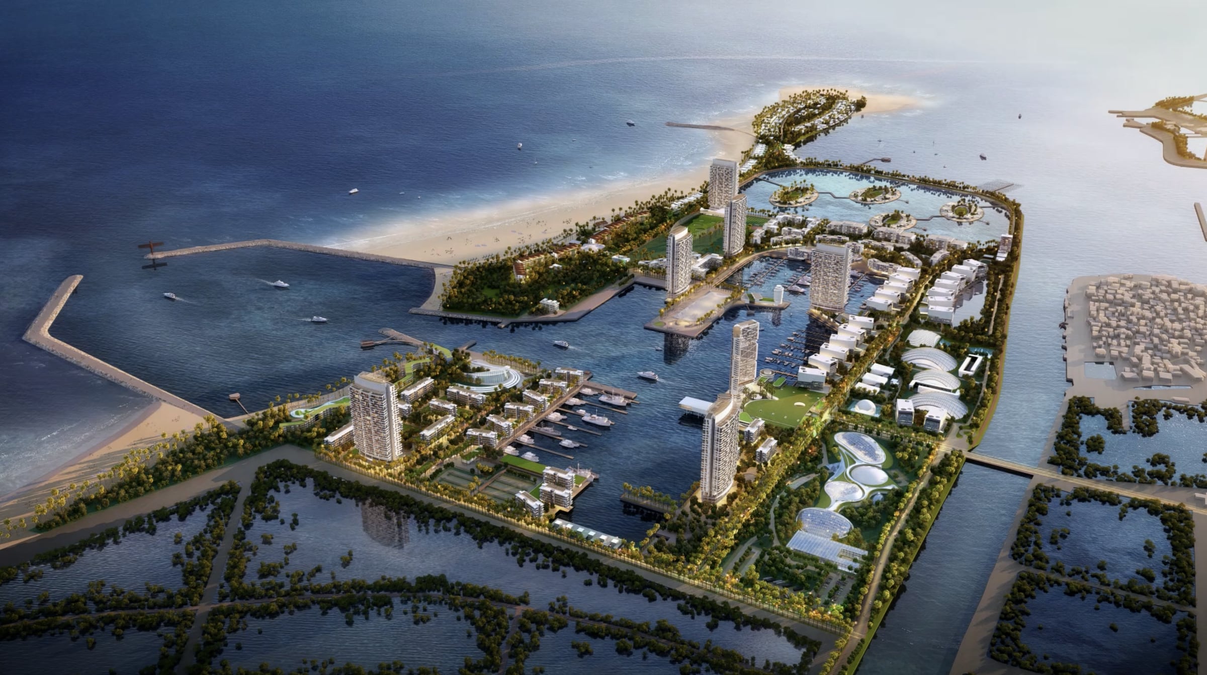Aerial visualisation of the complete Mashagou coastal masterplan