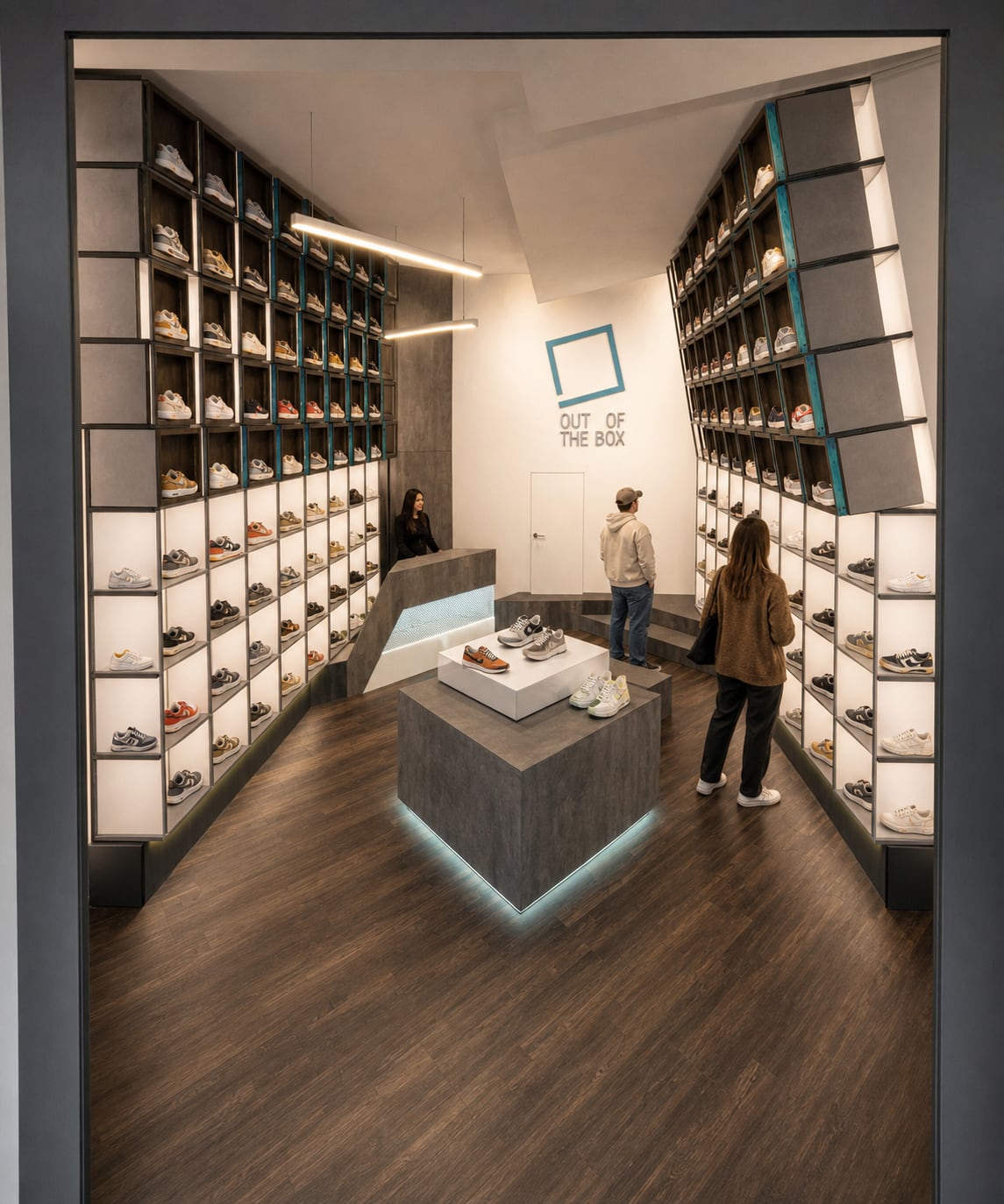 Front-facing design visualisation of the functioning Out of the Box shoe store