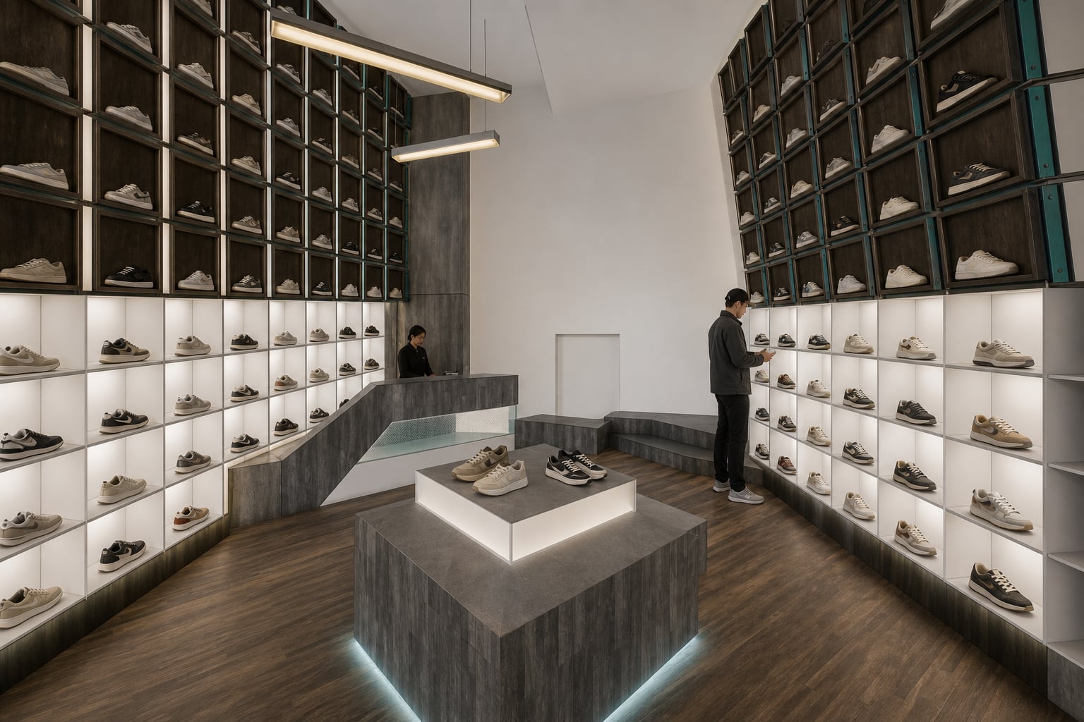 Design visualisation looking across the central shoe display toward the reception counter