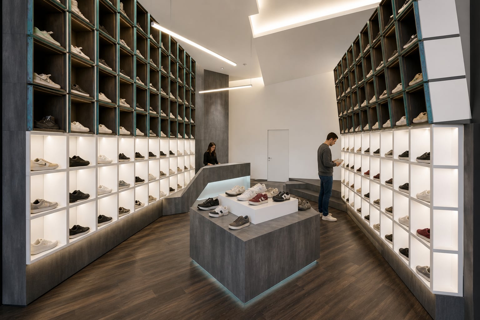 Photorealistic design visualisation of the Out of the Box shoe store