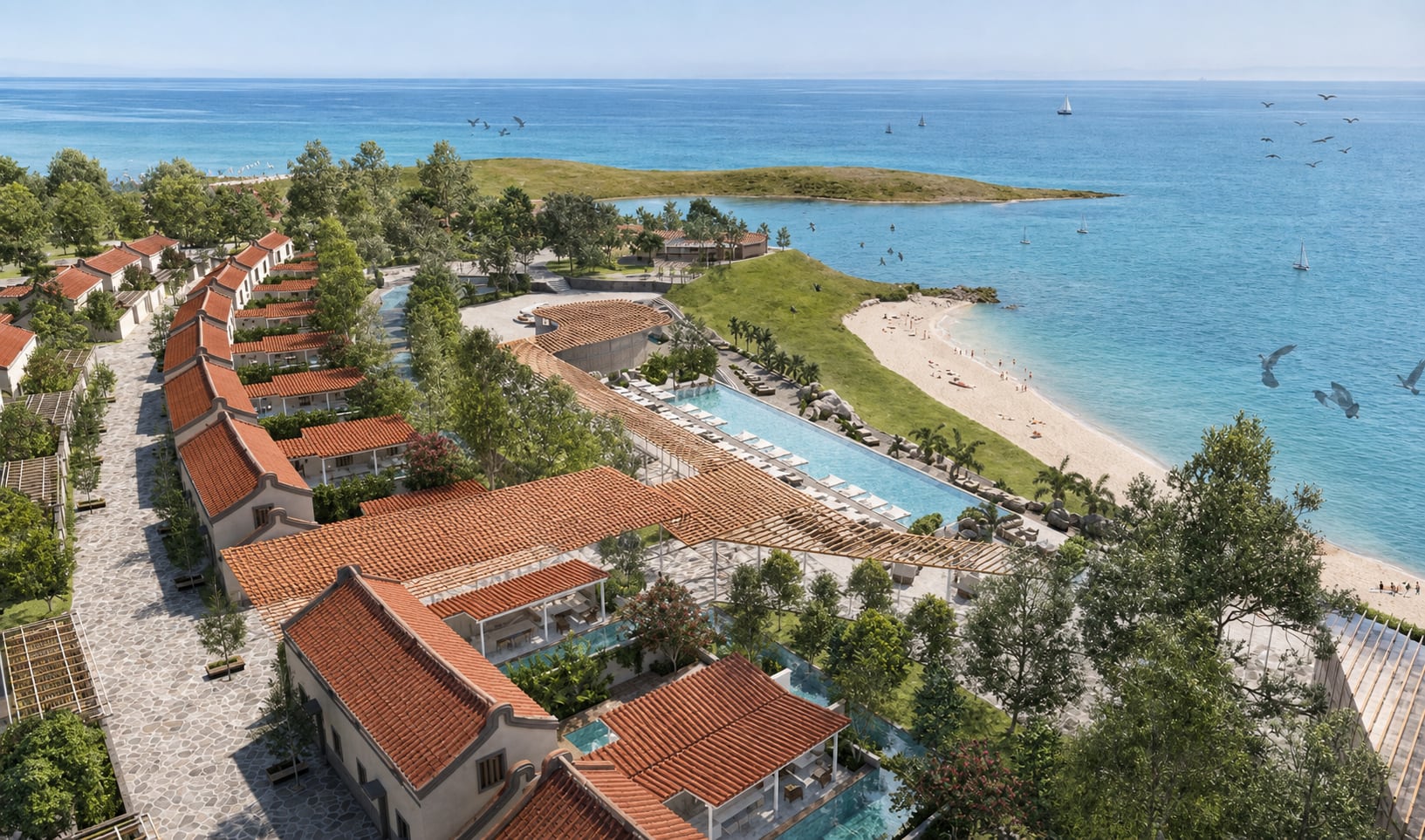 Aerial visualisation of the resort's beachfront amenities and low-rise villa fabric