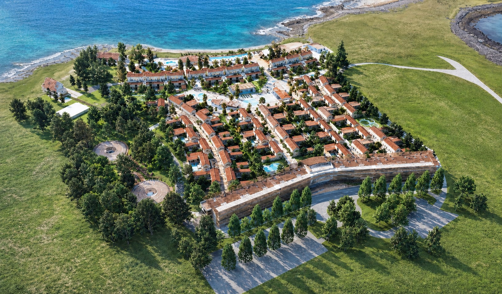 Aerial visualisation of Penghu Island Resort showing its coastal setting, villa clusters and central hotel
