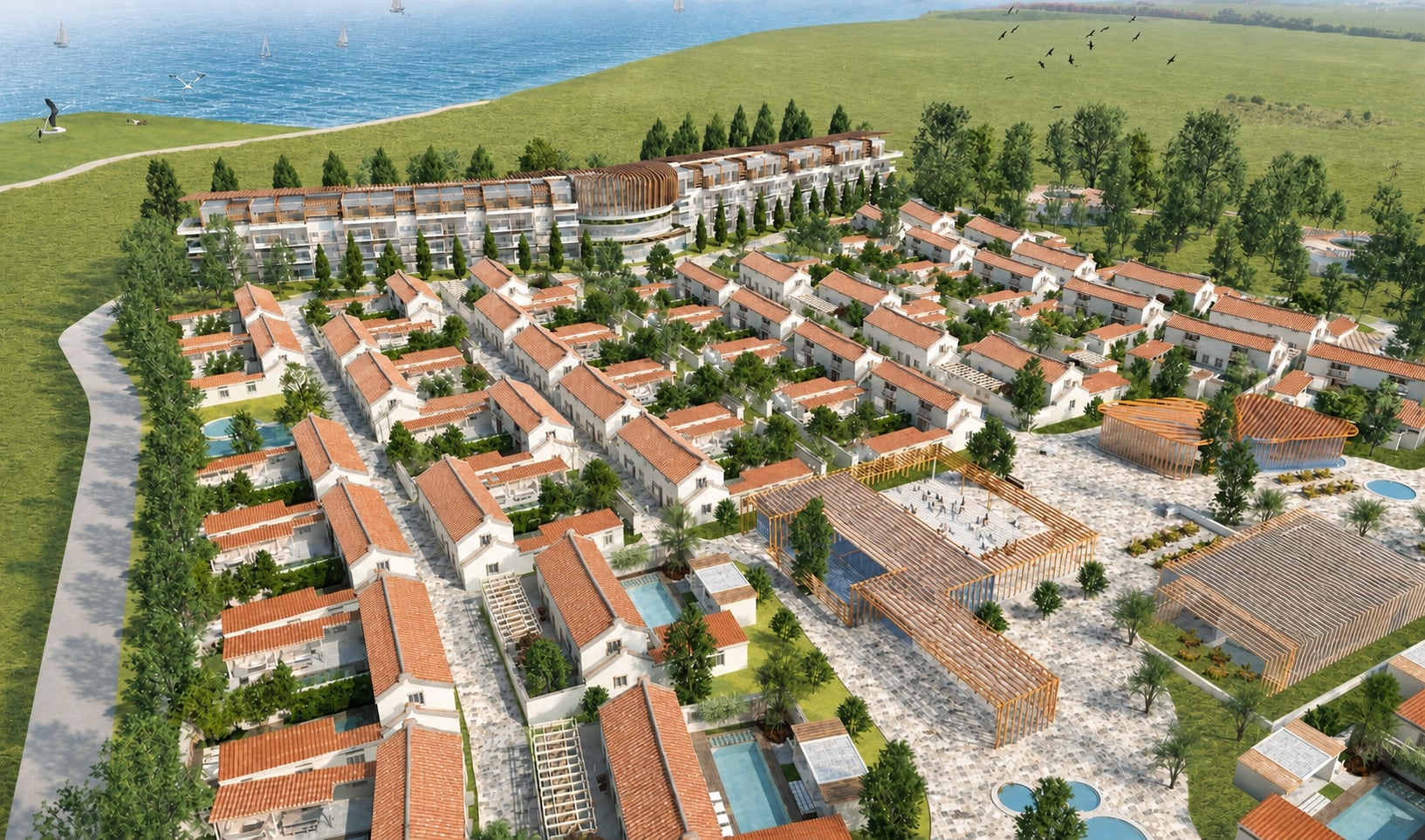 Closer aerial visualisation of Penghu Island Resort showing the hotel, villa neighbourhoods and landscape spine