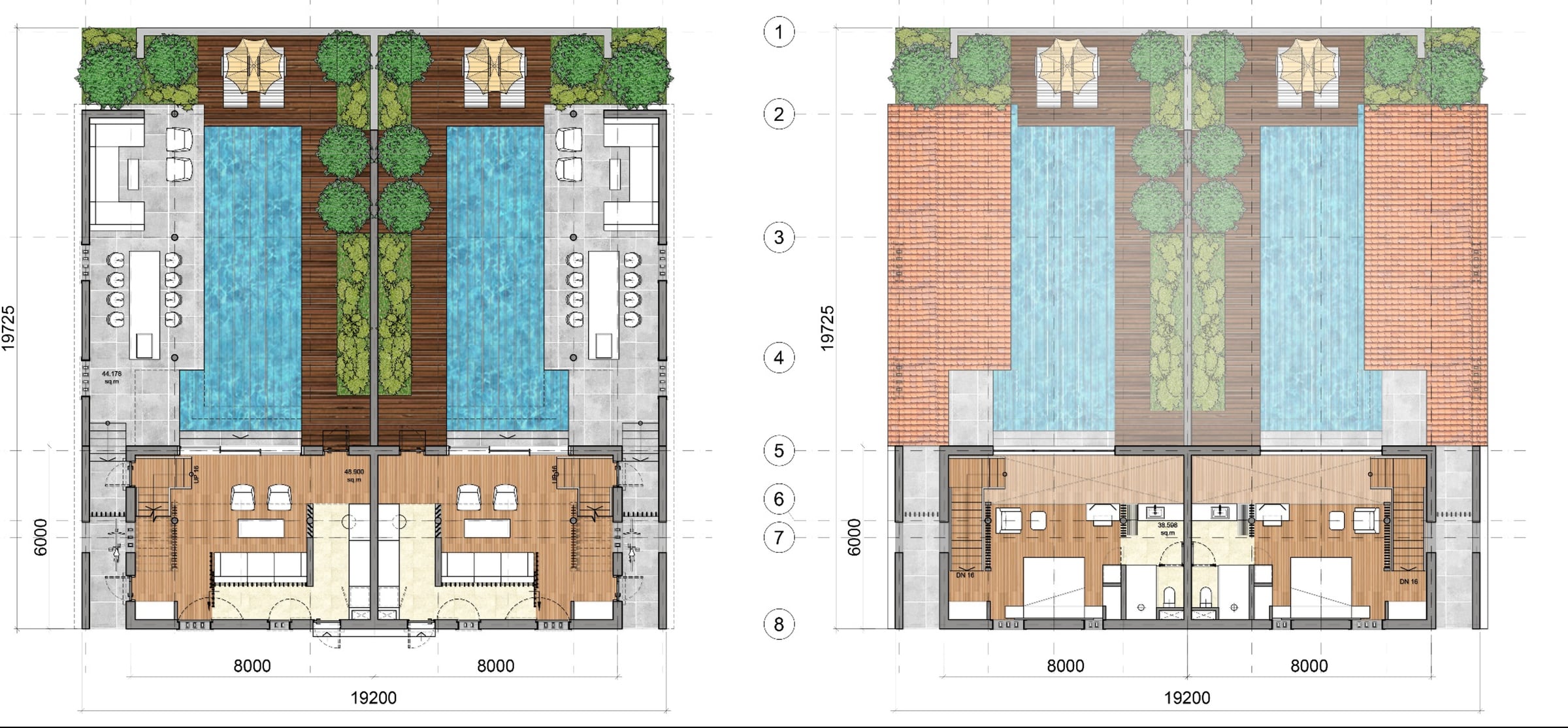 Paired plan studies for courtyard villa types at Penghu Island Resort