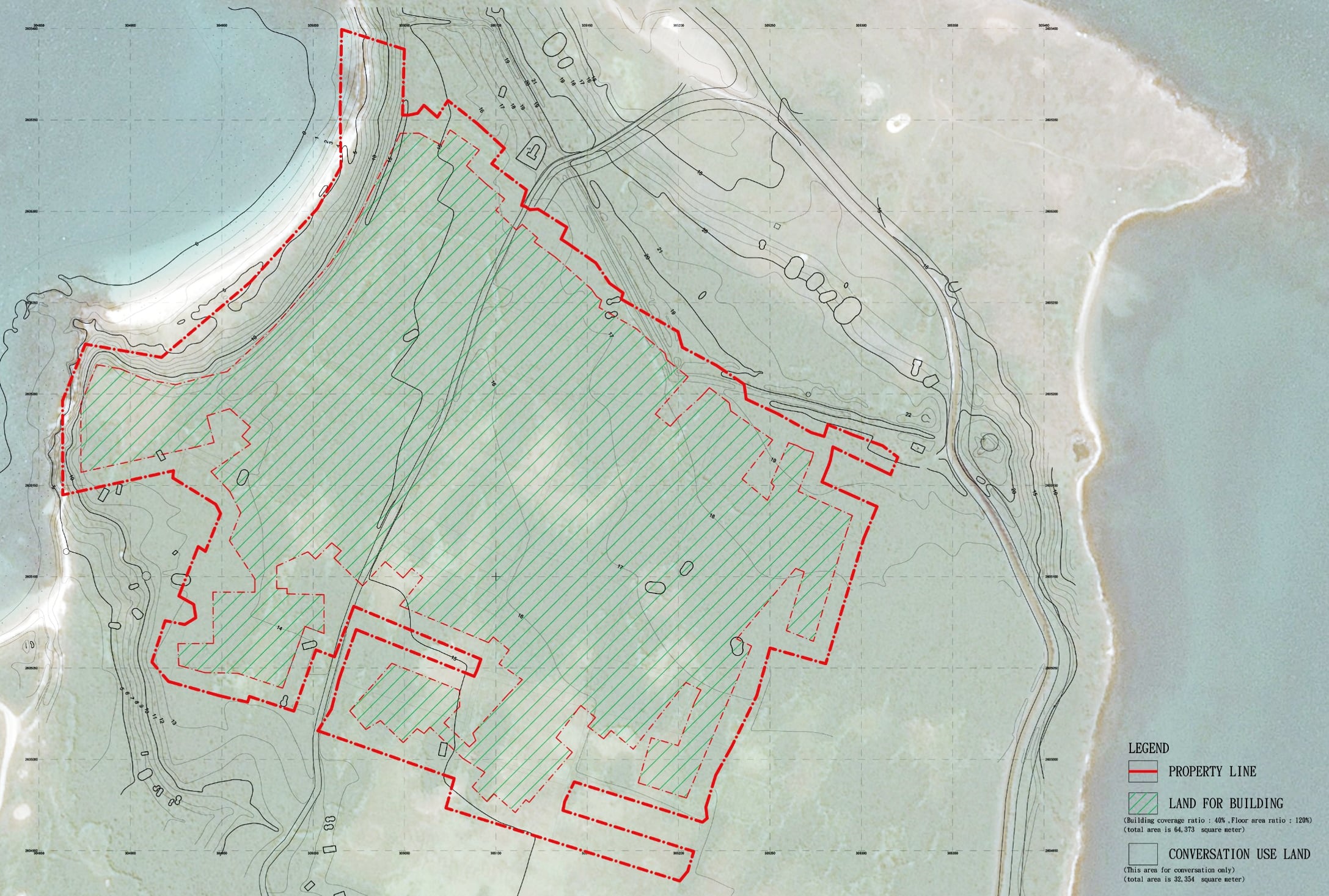 Penghu Island Resort zoning study showing the property boundary, development envelope and conservation land