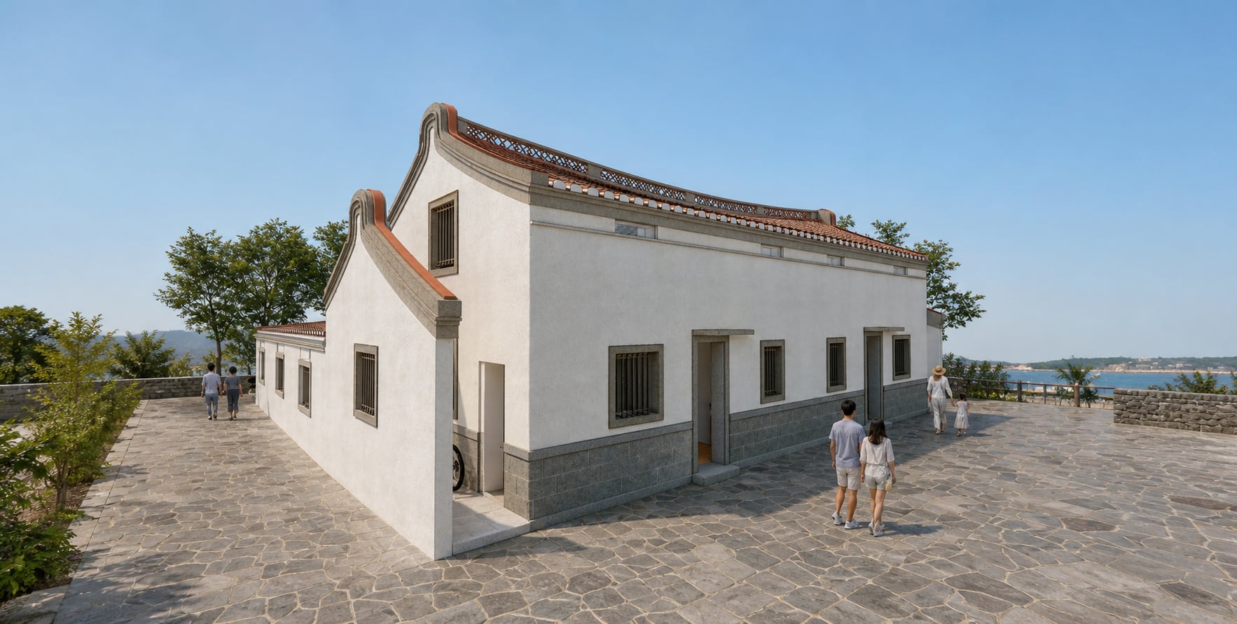Exterior design study of a Penghu Island Resort villa with a curved local roof profile