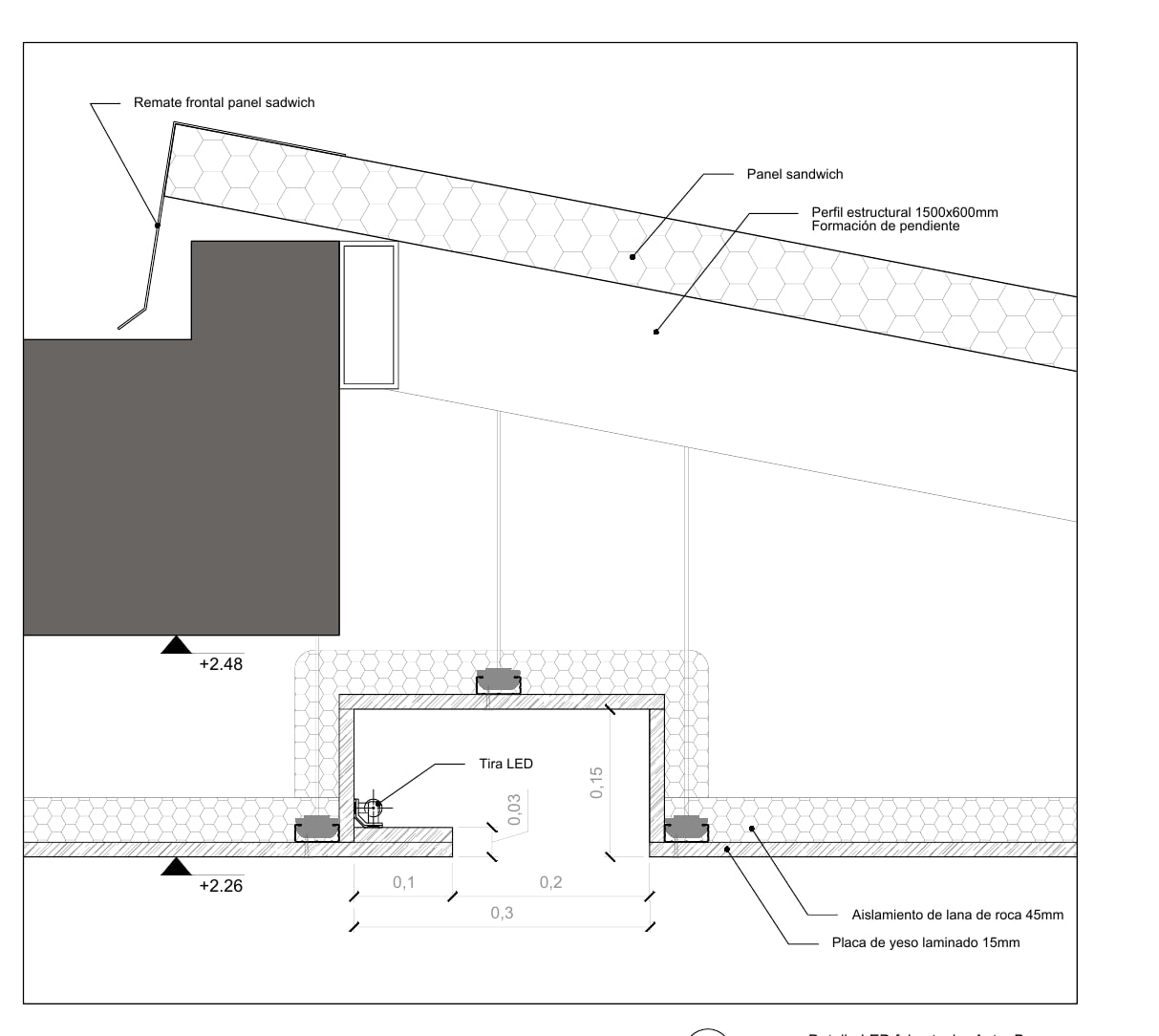 Technical detail of the insulated roof build-up and recessed LED lighting