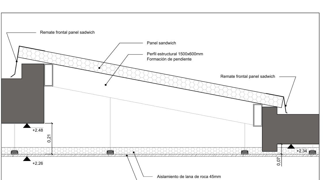 Technical section through the new insulated sandwich-panel roof