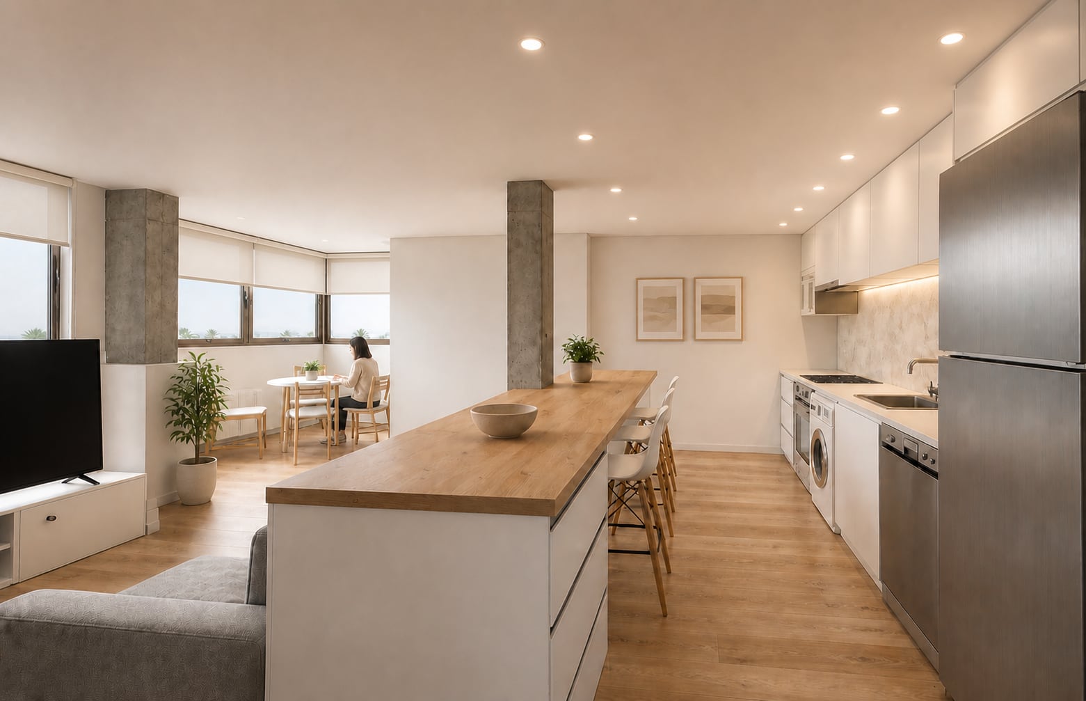 Design study of the open kitchen and living space in the renovated penthouse
