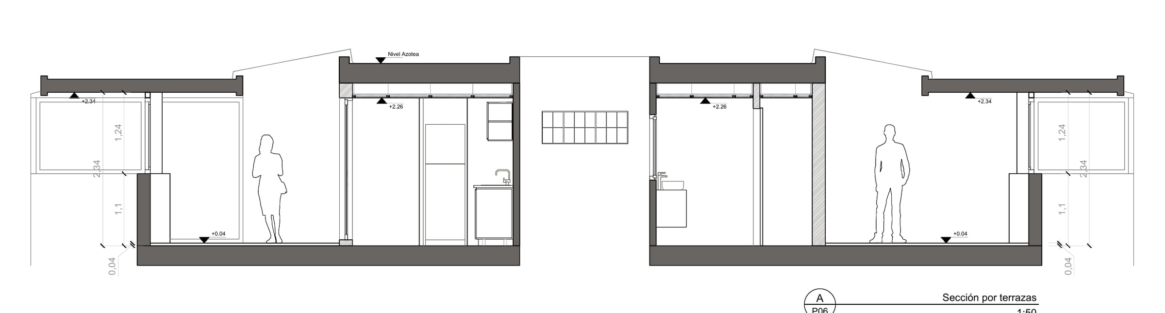 Sections through the penthouse terraces and enclosed living spaces