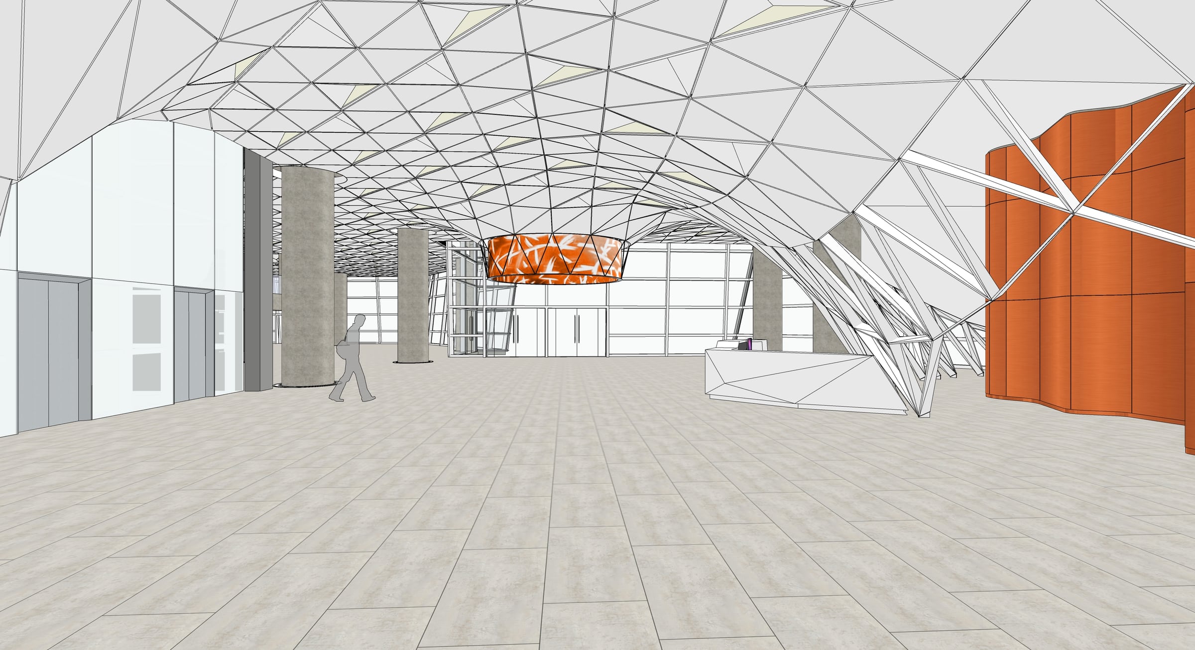 Render inicial del espacio con la matriz triangular ondulante, la recepción y el muro naranja