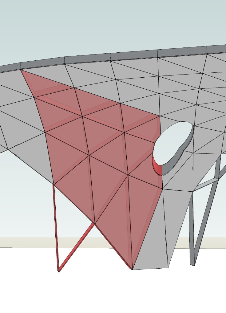 Technical model showing a triangular ceiling module around a circular service opening