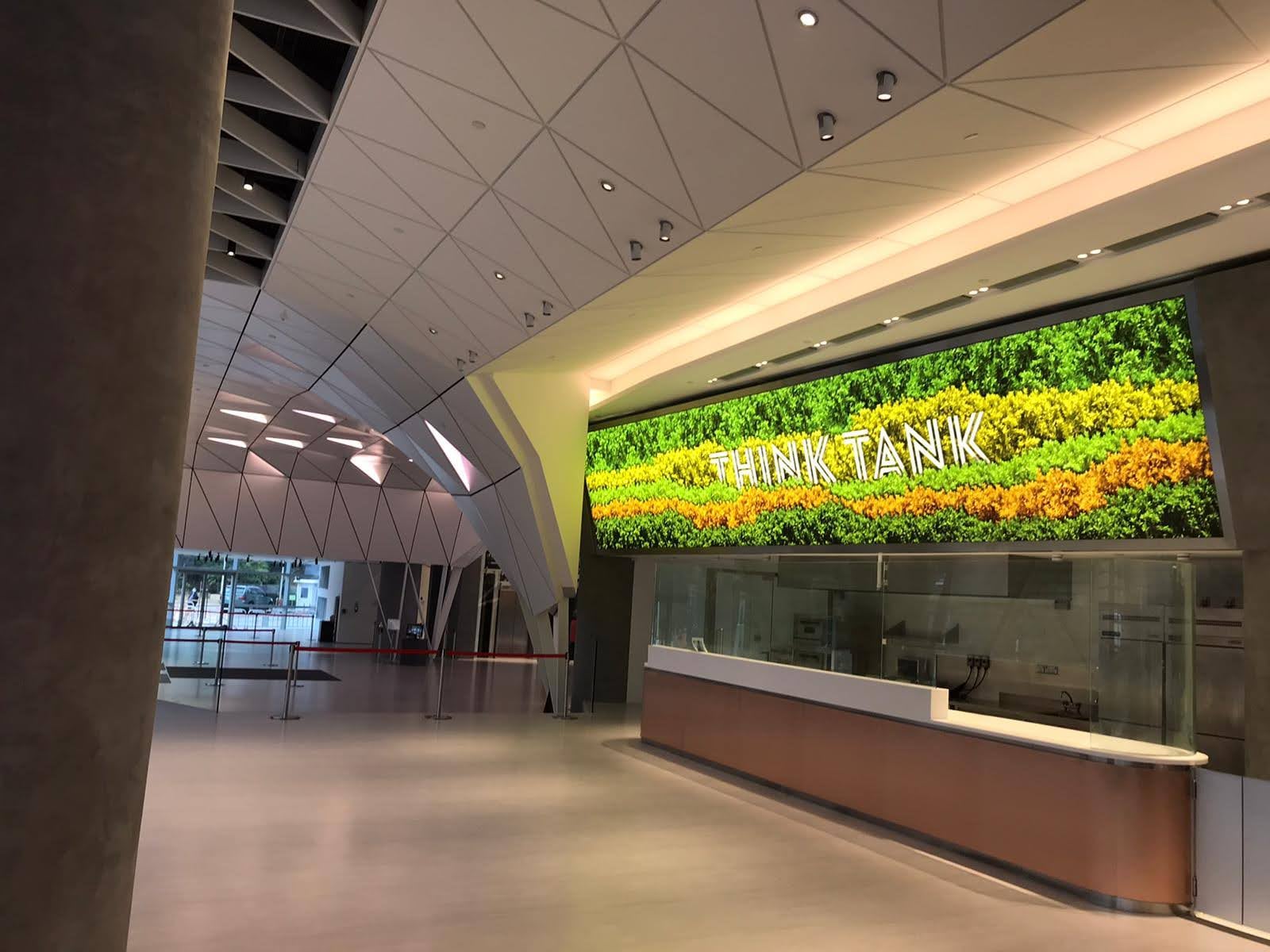 Completed Shaw Movie City reception beneath the illuminated aluminium ceiling
