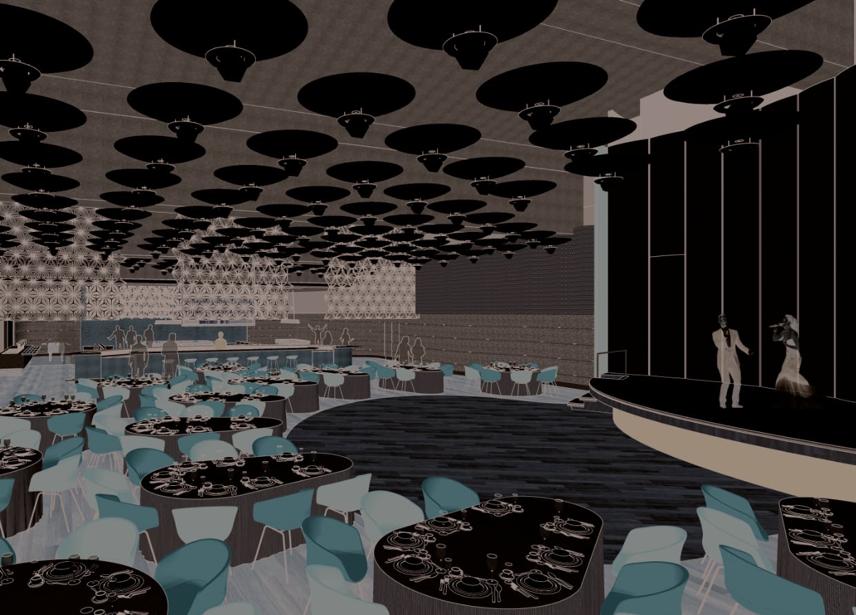 Ballroom design study with stage, custom lighting and aluminium screens at Shaw Movie City