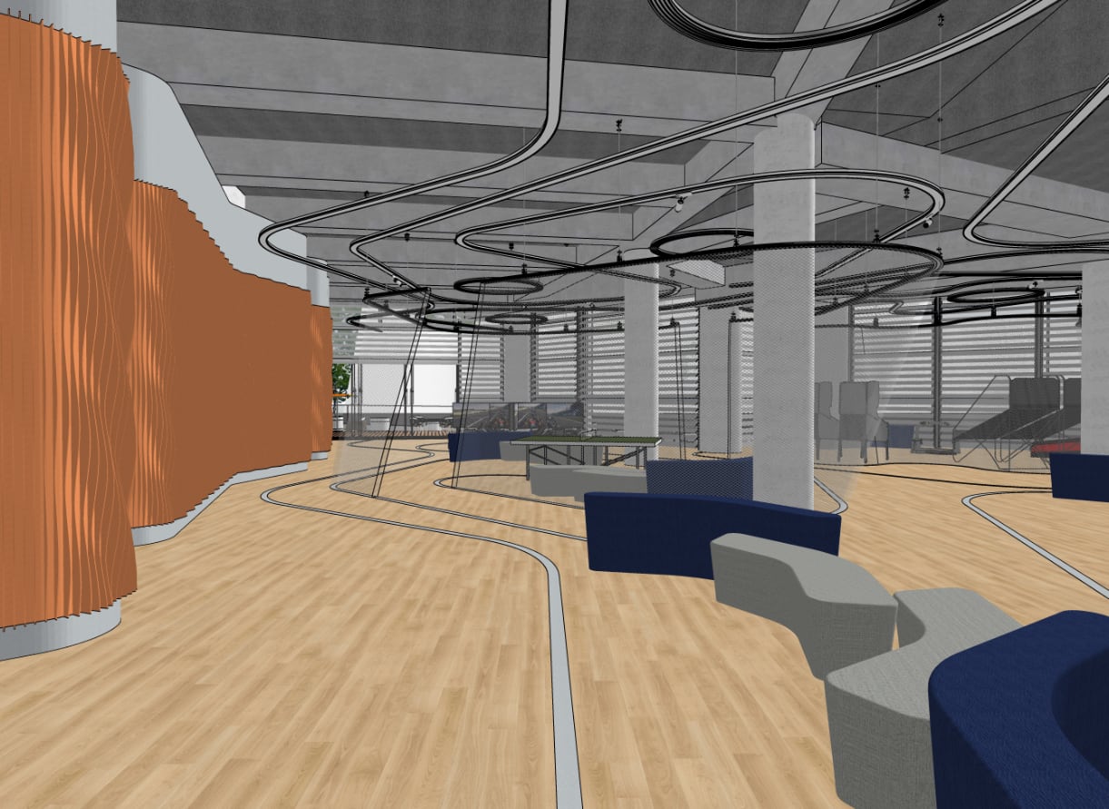 Entertainment hall design study with curved tracks, aluminium screens and lounge furniture