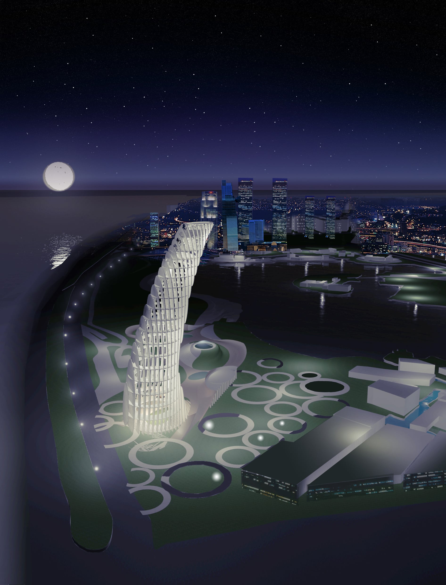 Night aerial visualisation of the Shenzhen Bay observation tower