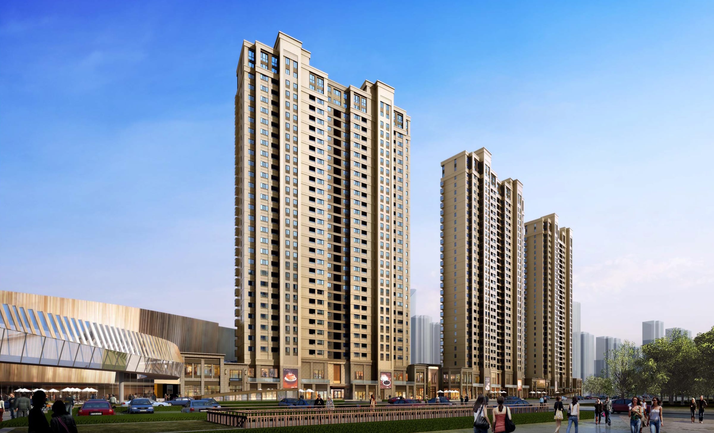 Residential towers and landscaped public space at Wanguo Garden
