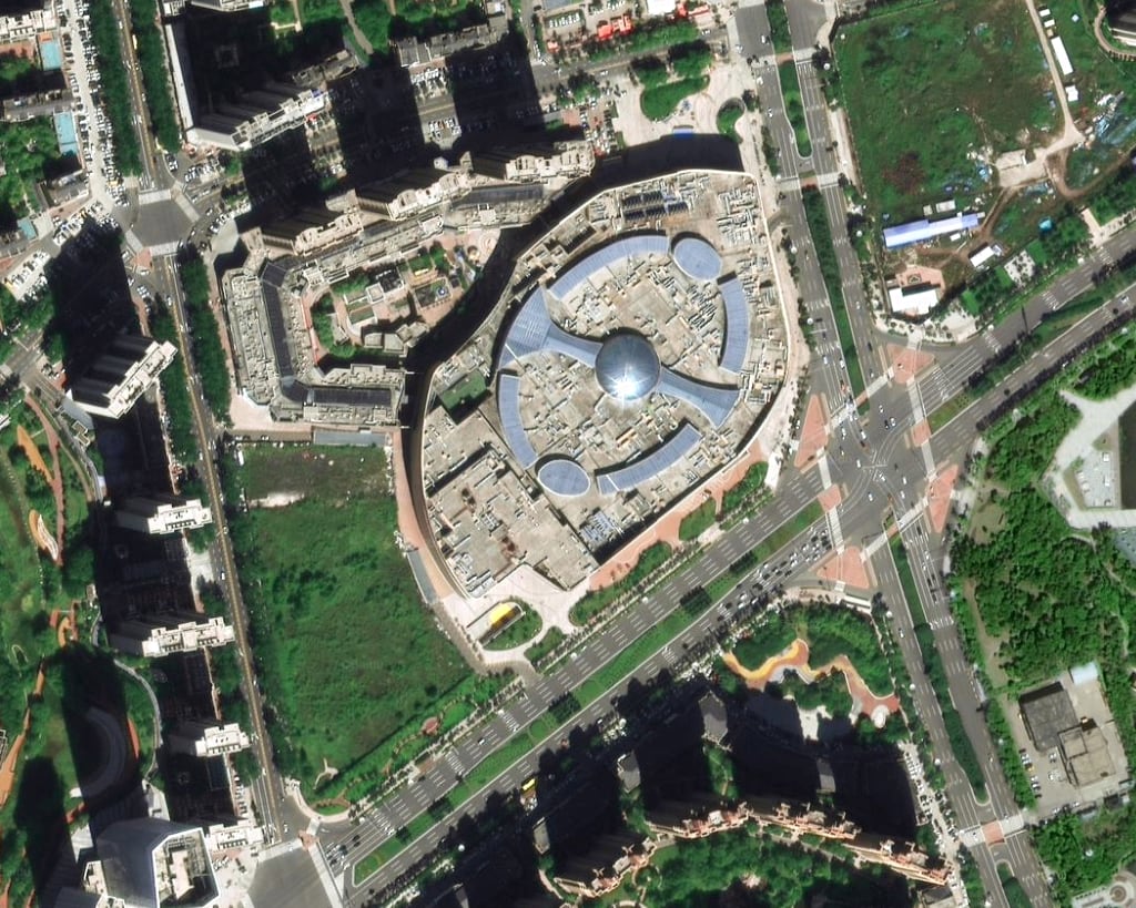 Aerial view of the completed Yintai Mall and residential development