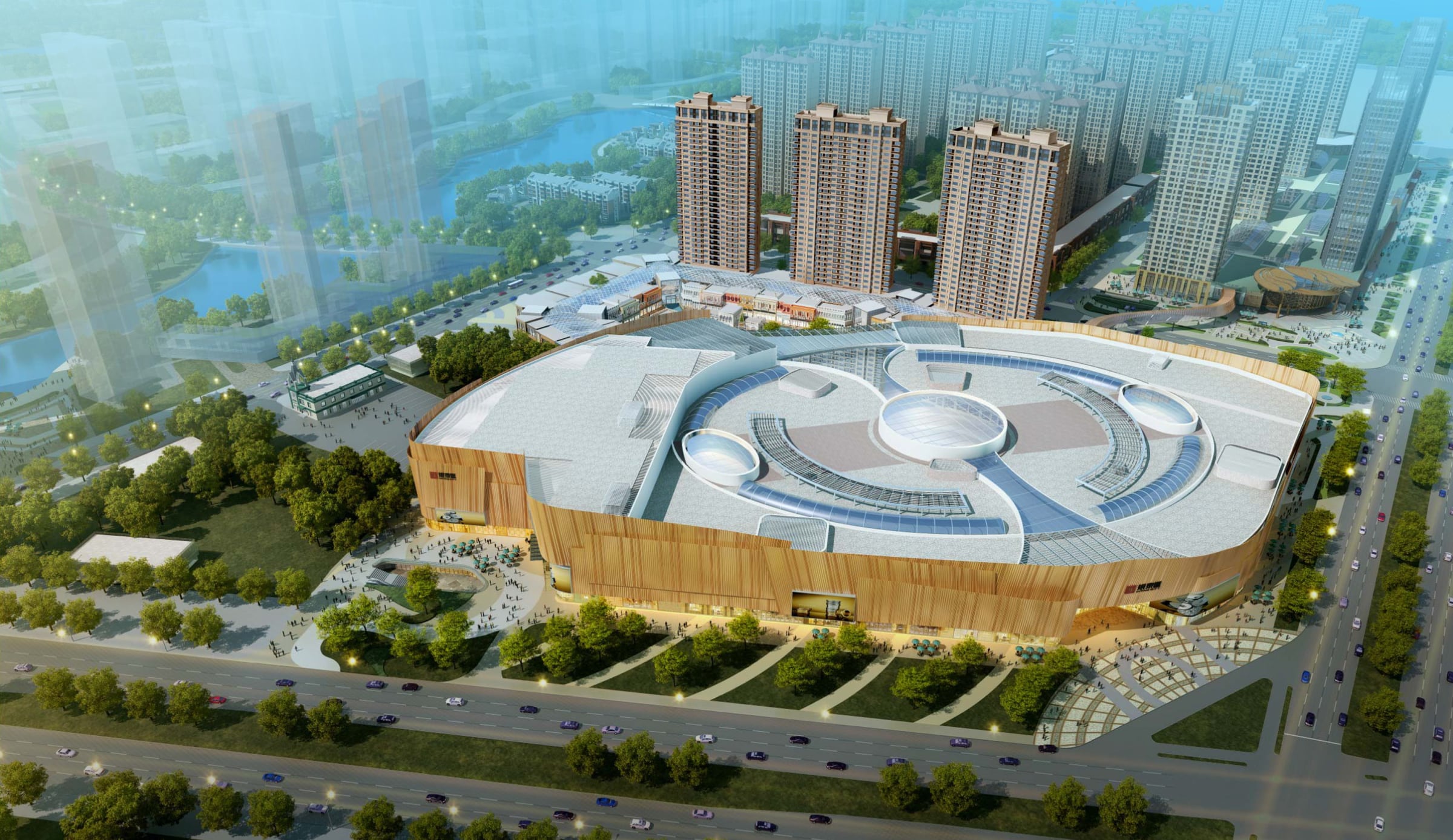 Aerial design rendering of Yintai Mall and Residential development